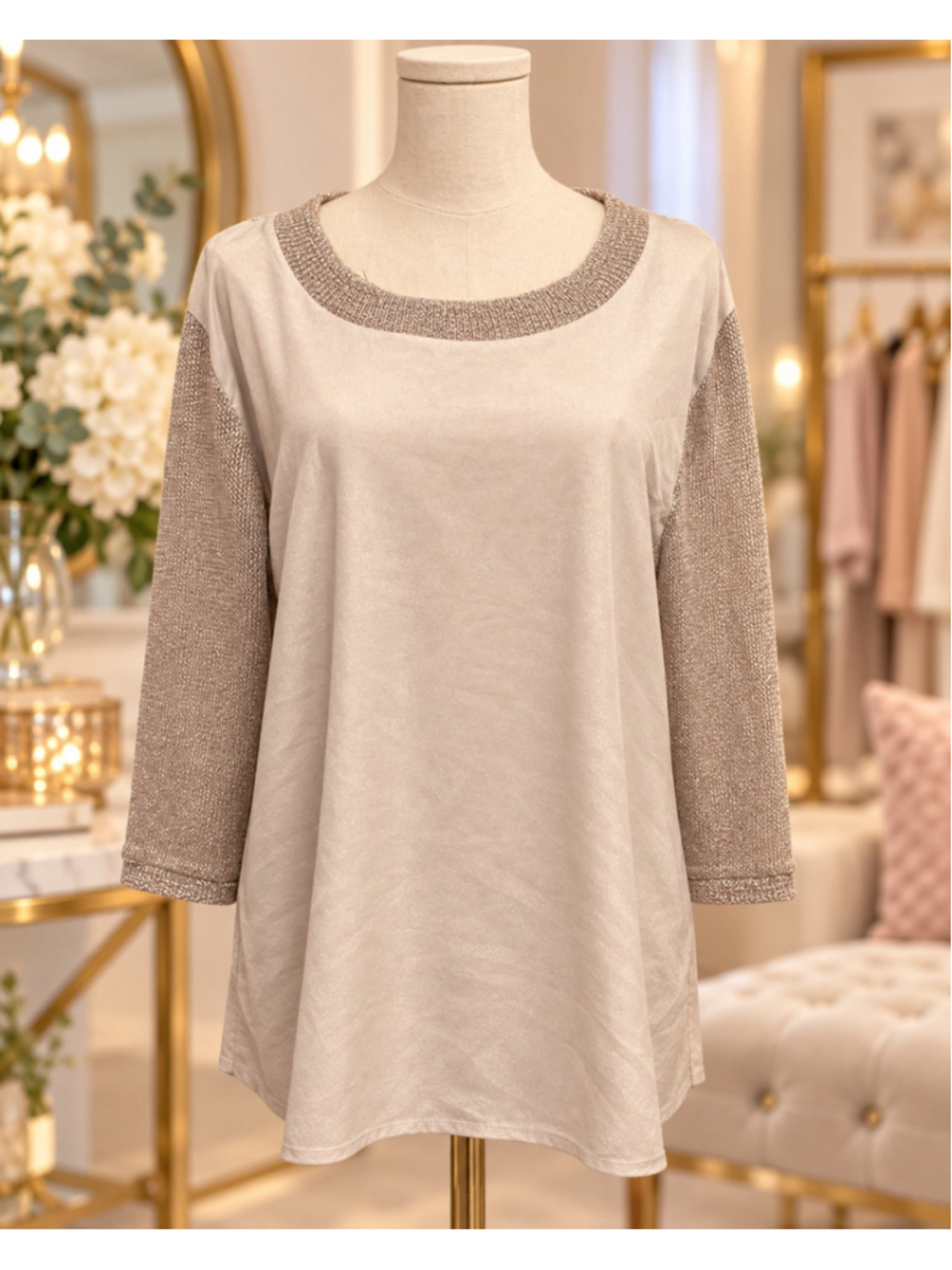 The Limited Mixed Media Metallic Knit Satin Tunic Top Women's M